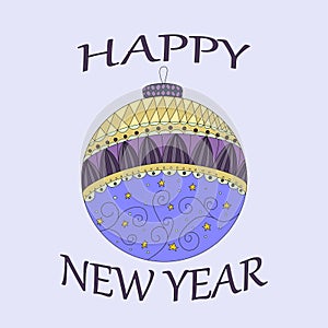 Holidays greeting card with abstract doodle Christmas ball.ÃÂ Happy New Year. Season`sÃÂ Decoration element. Flat design.ÃÂ 